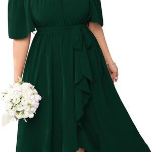 Plus Size Cocktail Midi Dress Short Sleeve Square Neck Flowy Formal Wedding